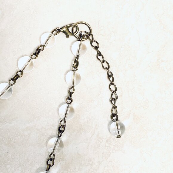 Genuine Clear Quartz Short Necklace, Bronze Slim Mushroom + Natural Gemstone - Picture 11 of 16